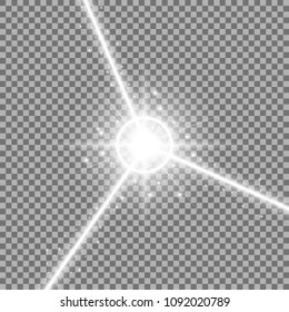 Abstract laser beams with light circle and stardust on transparent background, light effect, white color