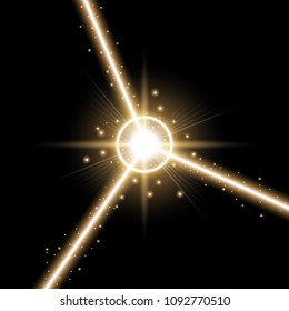 Abstract laser beams with light circle and stardust on black background, light effect, golden color