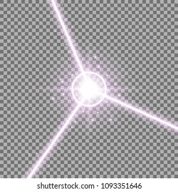 Abstract laser beams with light circle and stardust on transparent background, light effect, purple color