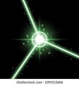 Abstract laser beams with light circle and stardust on black background, light effect, green color