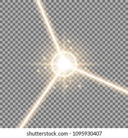 Abstract laser beams with light circle and stardust on transparent background, light effect, golden color