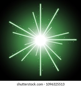 Abstract laser beams with light circle and sparks on black background, light effect, green color