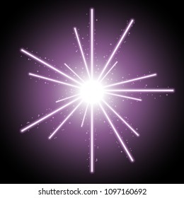 Abstract laser beams with light circle and sparks on black background, light effect, purple color