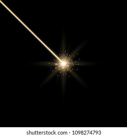 Abstract laser beams with light circle and stardust on black background, light effect, golden color