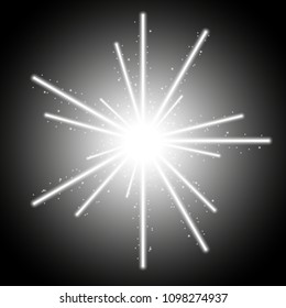 Abstract laser beams with light circle and sparks on black background, light effect, white color
