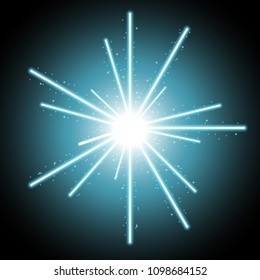 Abstract laser beams with light circle and sparks on black background, light effect, aqua color