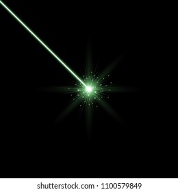 Abstract laser beams with light circle and stardust on black background, light effect, green color