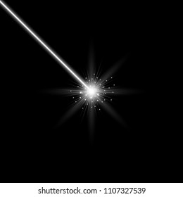 Abstract laser beams with light circle and stardust on black background, light effect, white color