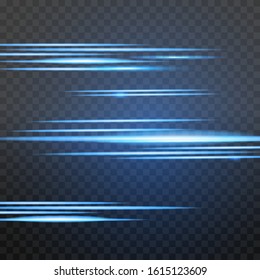 Abstract laser light rays. Chaotic neon rays of light. Blue horizontal flare. Speed