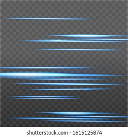 Abstract laser light rays. Chaotic neon rays of light. Blue horizontal flare. Speed