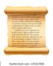 Abstract latin handwritten cursive text on old textured scroll isolated on white