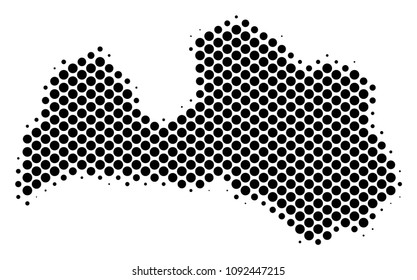 Abstract Latvia map. Vector halftone geographic scheme. Cartographic dot abstraction. Schematic Latvia map is constructed from regular spheric spot matrix.