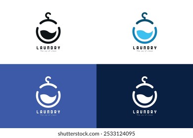 Logotipo de lavandaria abstrato. Modelo de vetor moderno com cabide, máquina de lavar e elementos de água para serviços de lavandaria e empresas de limpeza