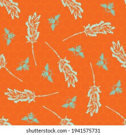 Abstract lavender and bees seamless vector pattern background. Painterly stencil style purple blossoms, bees on neon orange honeycomb backdrop.Botanical herb modern design. Repeat for tropical concept