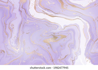 Abstract lavender liquid marble or watercolor background with glitter foil textured stripes. Violet marbled alcohol ink drawing effect. Vector illustration design template for wedding invitation.