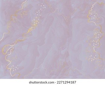 Abstract lavender liquid marble or watercolor background with glitter foil textured stripes. Vector illustration design template for wedding invitation.