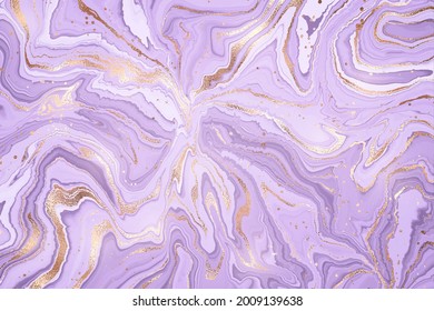 Abstract lavender liquid marbled watercolor background with golden lines and stains. Violet marble alcohol ink drawing effect with gold metallic. Vector illustration for wedding invitation.