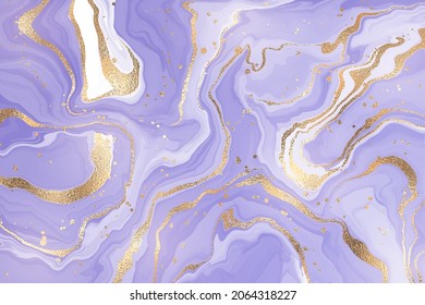 Abstract lavender liquid marbled watercolor background with golden lines and stains. Violet marble alcohol ink drawing effect with gold metallic. Vector illustration for wedding invitation.