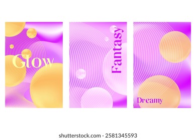 Abstract lavender, purple poster set with flowing texture, smooth blurred gradient background, glowing 3d yellow liquid bubbles. Violet shade fluid poster with copy space. Cosmetic technology