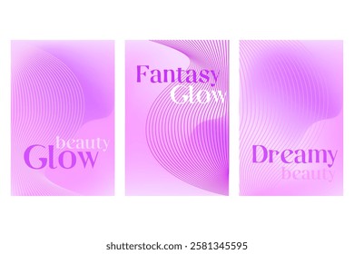 Abstract lavender, purple poster set, smooth blurred gradient background with glowing liquid blur texture. Violet, pink fluid banner with copy space. Wet brush watercolor splashes wavy texture.