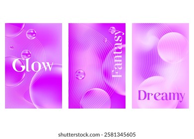 Abstract lavender, purple poster set with flowing texture, smooth blurred gradient background with glowing 3d liquid bubbles. Violet shade fluid poster with copy space. Great for cosmetic technology