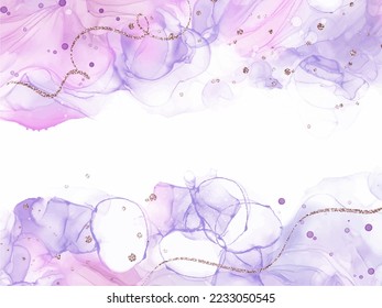 Abstract lavender violet liquid watercolor background with rose gold glitter and lines.Purple pastel marble alcohol ink painting effect. Vector illustration for creative design.