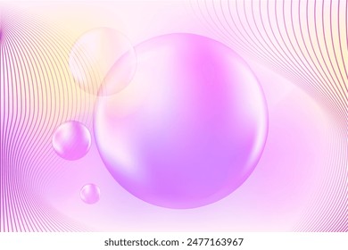 Abstract lavender violet, yellow, pink background with fluid round droplets and wavy lines, copy space, perfect for science presentations, modern posters, trendy cosmetics banners