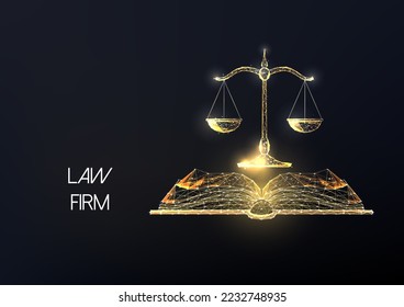 Abstract law firm, legal consulting services landing page template with gold low polygonal open book and weighing scales symbol on black background. Justice concept. Modern design vector illustration