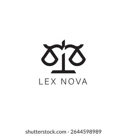 Abstract Law Firm Logo Featuring Scales of Justice and the Name Lex Nova in Modern Typography on a White Background