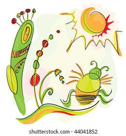 Abstract lawn with plants and bug