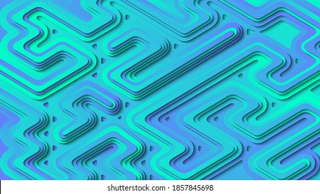 Abstract layered background with diagonal isometric gradient stripes and shapes in blue and green colors in papercut style. Vector illustration.