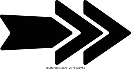 Abstract layered black arrow symbol pointing right on a transparent background for digital design