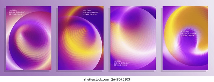 abstract layered circle blend violet yellow light radial mesh gradient cover design set, for cover book, magazine, poster, flyer, catalog, PPT, etc.
a4 size EPS 10 vector design set.