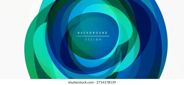 Abstractas círculos en capas, azules vibrantes, verdes. El texto central lee el diseño de fondo. Composición visual moderna y dinámica.