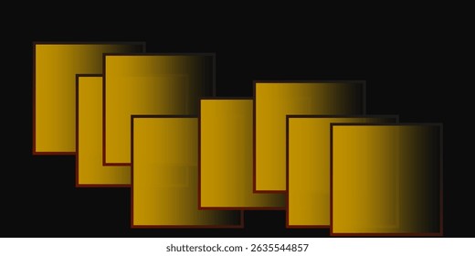 Retângulos dourados em camadas abstratos sobre fundo preto, padrão geométrico moderno com efeito de sombra e gradiente.