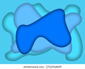 Abstract layered liquid shapes background featuring smooth organic forms in multiple blue and cyan tones. Modern minimalist composition inspired by fluid art and paper cut style, creating depth through soft shadows and overlapping shapes. This abstract background conveys calmness, creativity, freshness, and contemporary design aesthetics. Ideal for branding, advertising, posters, banners, social media content, websites, presentations, mobile apps, and digital marketing materials. The cool blue color palette represents water, technology, clarity, and innovation. Clean design without text, logos, or brands, making it suitable for commercial stock use, creative projects, wallpapers, templates, and modern visual layouts.