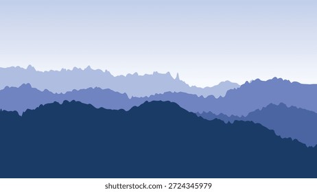 Abstrakte, geschichtete Bergkette in verschiedenen Blautönen, die einen ruhigen Farbverlauf-Effekt erzeugt, ideal für minimalistische Hintergründe, digitale Kunst und ruhiges Webdesign