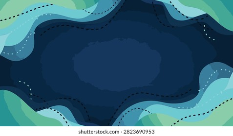 Abstract layered papercut background featuring wavy teal and midnight blue fluid shapes, dotted line decorative paths, and central dark navy gradient copy space.