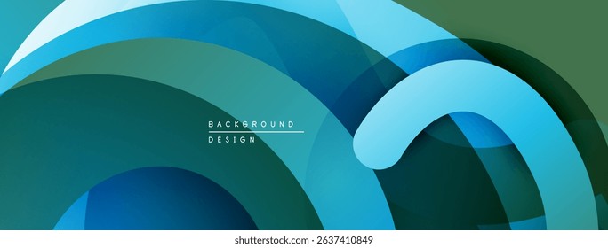Abstract layered shapes create flowing design. Blues, greens dominate composition. Modern aesthetic, smooth gradients present.