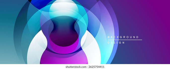 Abstract layered shapes create vibrant gradient background. Modern design uses blue, purple, white hues. Smooth transitions suggest depth.