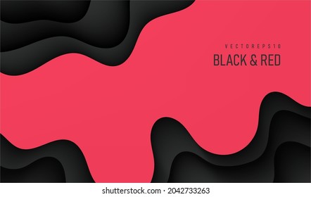 Abstract layered wavy shape Red and Black color background with copy space. Trendy color paper cut design. Modern fluid curve pattern, Origami concept. Topographic style. Vector illustration
