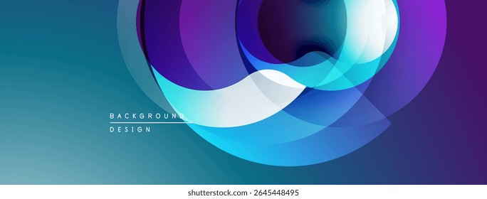 Abstract layers create dynamic visual effect. Blue, purple hues blend smoothly, forming circular shapes. Modern design element.