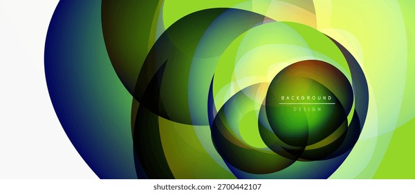 Abstract layers create dynamic visual effect. Green, blue, yellow hues blend, forming circular patterns. Modern design element.