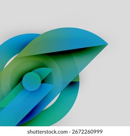 Las capas Abstractas crean Formas fluidas. Los tonos azules y verdes se mezclan, formando una composición dinámica. Diseño minimalista, Gradientes suaves presentes.