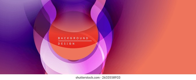 Abstract layers create vibrant, flowing composition. Purple, pink, orange hues blend seamlessly. Modern design element.