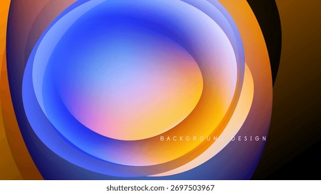 Camadas abstratas criam formas ovais vibrantes. Tons azuis e laranja se misturam com o fundo escuro. Elemento de design moderno.