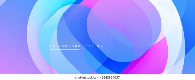 Camadas abstratas se sobrepõem, criando vibrantes gradientes azuis, cor-de-rosa e brancos. O design moderno sugere fluidez, movimento, profundidade. O texto do plano de fundo lê o design do plano de fundo.
