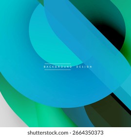 Las capas Abstractas se superponen, creando vibrantes Gradientes azules y verdes. Los Elementos de diseño modernos sugieren fluidez, profundidad, armonía visual.