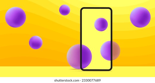 Abstraktes Layout mit 3D-Sphären und Smartphone-Vektorgrafik für digitales Anwendungsbanner 