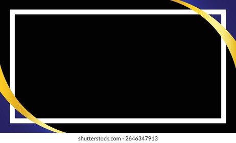 abstract layout with black center, white rectangular frame, gold curved wave accents, and dark blue corners, ideal for digital ads, posters, and presentation templates.